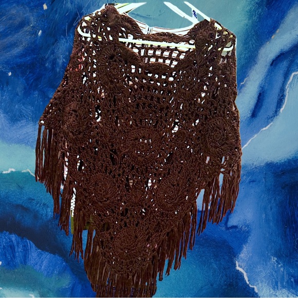 Handmade Sweaters - Handmade Women’s Brown Fringed Crochet-Knit Poncho❤️❤️One Size Plus-size